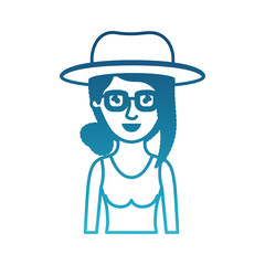 woman half body with hat and glasses and t-shirt sleeveless with collected hair and fringe in degraded blue silhouette vector illustration