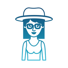woman half body with hat and glasses and dress with mid length hair in degraded blue silhouette vector illustration
