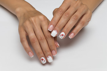 wedding French manicure with red poppies on short nails 