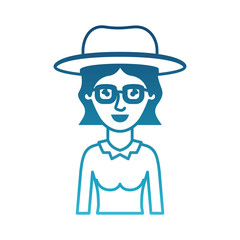 woman half body with hat and glasses with blouse long sleeve and short wavy hair in degraded blue silhouette vector illustration