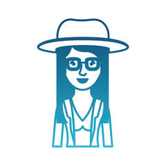 woman half body with hat and glasses and blouse with jacket and layered hair in degraded blue silhouette vector illustration
