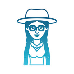 woman half body with hat and glasses and blouse with braided hair in degraded blue silhouette vector illustration