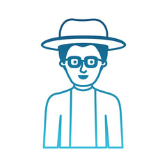 man half body with hat and glasses and jacket with short hair in degraded blue silhouette vector illustration