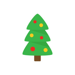 Christmas tree with ornaments. Festive xmas tree vector graphic icon. Green christmas conifer tree with red and yellow, gold ball ornaments.