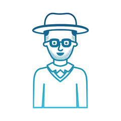 man half body with hat and glasses and sweater with short hair and stubble beard in degraded blue silhouette vector illustration