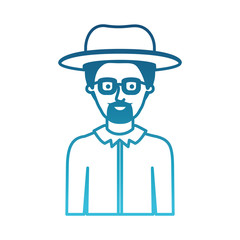 man half body with hat and glasses and shirt with short hair and goatee beard in degraded blue silhouette vector illustration
