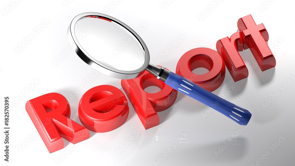 Poster magnifier on red report - 3d rendering