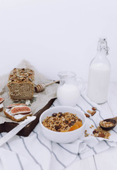 Light breakfast with granola bottle with milk and toast with cheese and figs