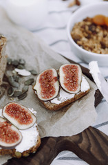 Light breakfast with granola bottle with milk and toast with cheese and figs