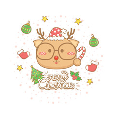 Merry Christmas celebration greeting card Set.Cute Reindeer characters hold candy, wear eye glasses with elements winter on white background