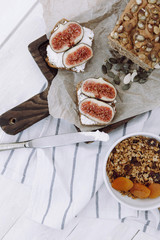 Light breakfast with granola bottle with milk and toast with cheese and figs