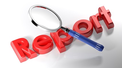 Magnifier on red Report - 3D rendering