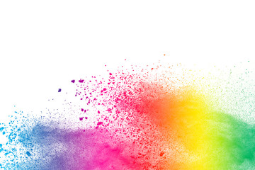 Freeze motion of colored powder explosions isolated on white background.