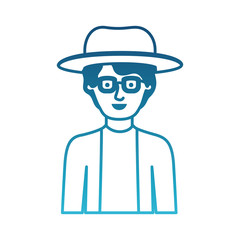 man half body with hat and glasses and shirt with jacket with short wavy hair in degraded blue silhouette vector illustration