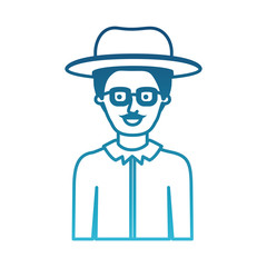 man half body with hat and glasses and shirt with short hair and moustache in degraded blue silhouette vector illustration