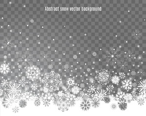 Falling snow on a transparent background. Abstract snow background for your Merry Christmas and Happy New Year design. Vector illustration