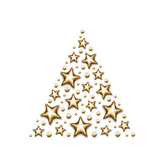 Christmas gold stars and beads in triangle on white background.