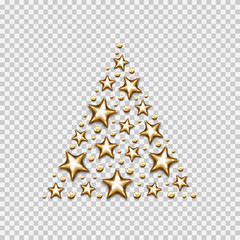 Christmas gold stars and beads in triangle on transparent backgr