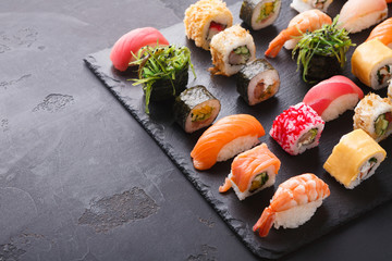 Sushi and rolls background, japanese cuisine