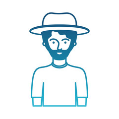 man half body with hat and t-shirt with short hair and beard in degraded blue silhouette vector illustration