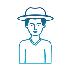 man half body with hat and sweater with short hair in degraded blue silhouette vector illustration