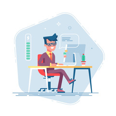 Handsome young businessman character full of energy. Full of energy to work. Vector flat cartoon illustration