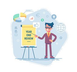 Confident young man is standing near flip chart and pointing graph and diagram. Year end review business concept. Vector illustration. Flat design