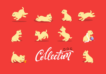 Set of happy dog illustration. Chinese 2018 Year yellow earth dog. Collection funny pet. Flat animal character