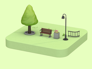 green park nature low poly tree chair lamp cartoon style 3d rendering