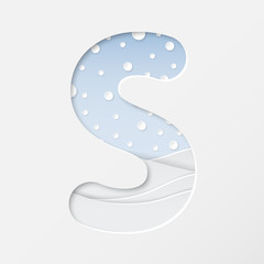 vector illustration of paper art cut letter S with winter landscape with multi layers and shadows effect