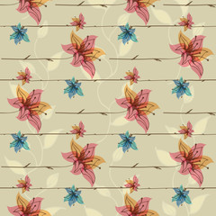 Vector floral seamless pattern with blooming flowers. Hand-drawn elements