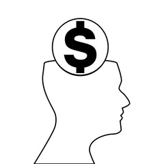 Sign of dollar inside of outline silhouette of human head isolat