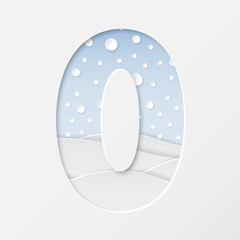 vector illustration of paper art cut number zero with winter landscape with multi layers and shadows effect