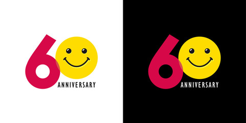60 years old smiling logo. Congratulating celebrating 60th, 6th numbers, logotype with emotions. Isolated humorous colored greetings on black and white background or % off.