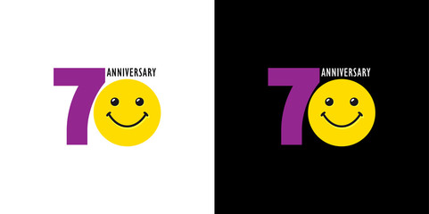 70 years old smiling logo. Congratulating celebrating 70th, 7th numbers, logotype with emotions. Isolated humorous colored greetings on black and white background or % off. © koltukovs