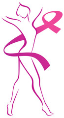 Stylized vector woman silhouette and breast cancer awareness pink ribbon