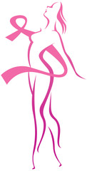 Naklejka na ściany i meble Stylized woman silhouette and breast cancer awareness pink ribbon. Concept women's health and medicine
