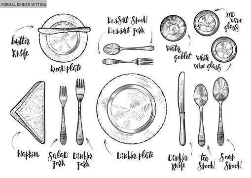 Table setting, top view. Vector hand drawn illustrations with original custom font captions.