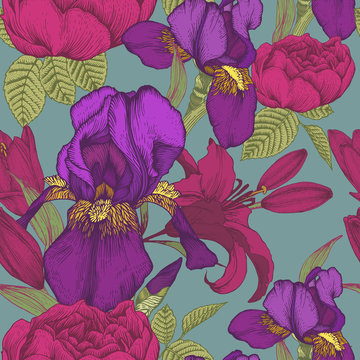 Vector floral seamless pattern with hand drawn iris, lilies and roses. Background in vintage style