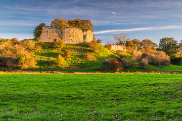 Fototapeta premium Mitford Castle beside River Wansbeck / The ruins of Mitford Castle which was built on a small hill overlooking the River Wansbeck