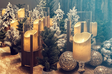 Christmas mood warm tone, burning candles and decorations