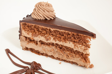Slice of chocolate cake with decoration on white plate