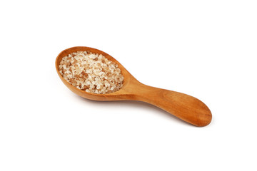Close up wooden spoon of smoked Danish salt