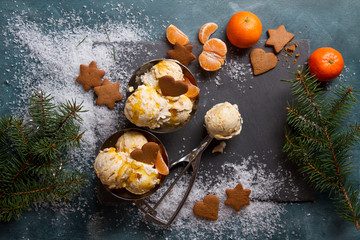 Ice cream with gingerbread and tangerine