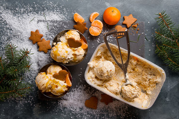 Ice cream with gingerbread and tangerine
