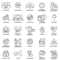 Outline web icon set - money, finance, payments. Working group for the development of business projects. The thin contour lines.