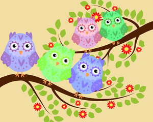 Bright cute cartoon owls sit on the flowering branches of fantastic trees