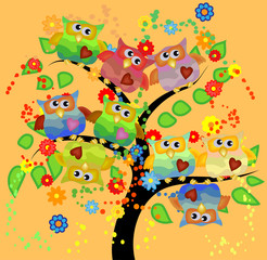 Bright cute cartoon owls sit on the flowering branches of fantastic trees