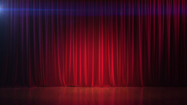 Dark empty stage with rich red curtain. 3d render