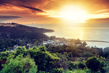 Fototapeta premium Sunset on a tropical island, Koh Phangan, Thailand, top view